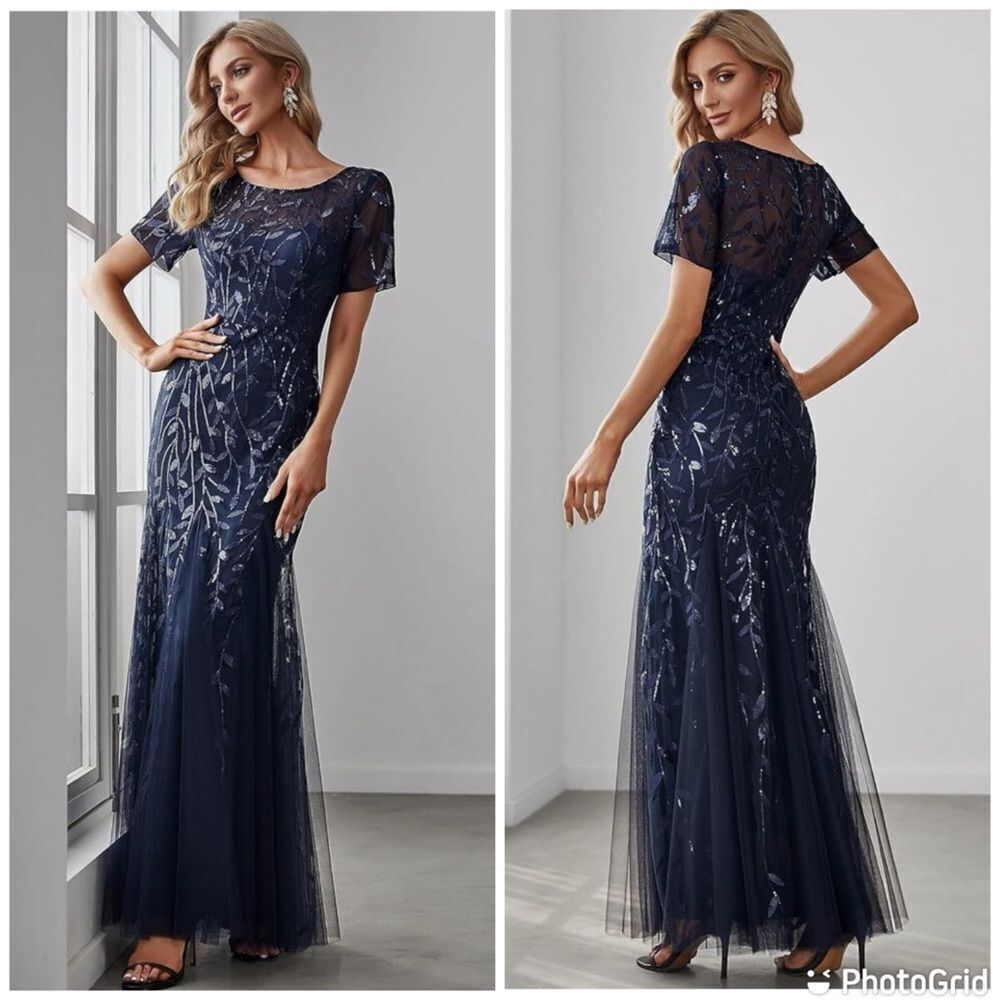 Luxurious Elegant Navy Evening Sequin Plants Detail Mesh Formal Dress